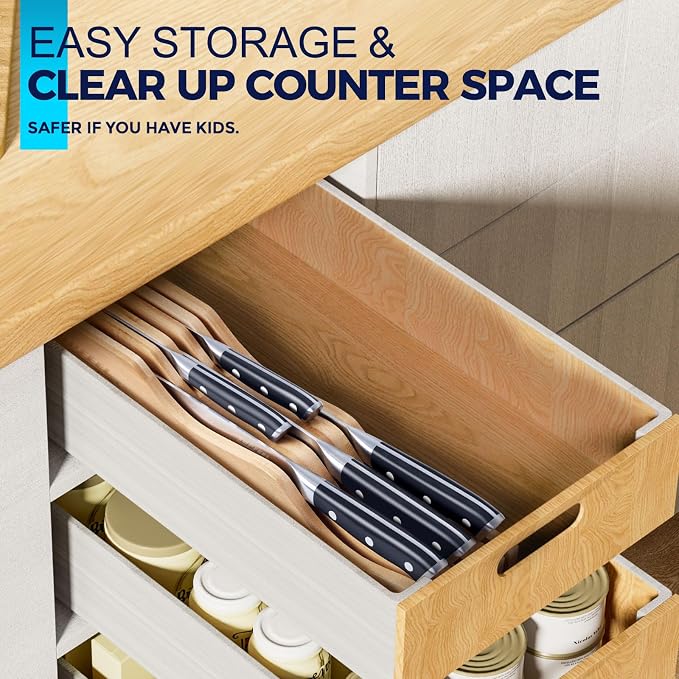 Topfeel 6Pcs Kitchen Knife Set with In-Drawer Bamboo Knife Organizer- 3.5-8 Inch Set Kitchen Knives German High Carbon Stainless Steel Sharp Knife, Knives Set for Kitchen with Ergonomic Handle