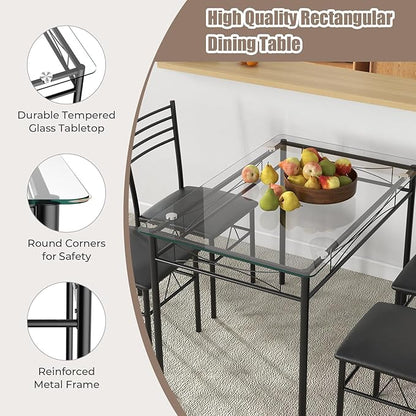 Giantex 5 Piece Dining Table Set, Kitchen Dining Set with Tempered Glass Table Top and 4 Upholstered Chairs, Dinette Set for 4 for Breakfast Nook Dining Room Kitchen (Black)