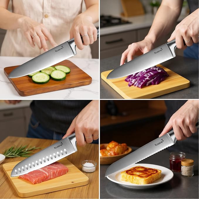 KUISINE Upgraded Sharp Chef Knife Set with block, One piece Molding High Carbon Stainless Steel Forged,Ergonomic Non-slip Handle Knife Block Set with built-in Sharpener(Silver Natural,15PCS)