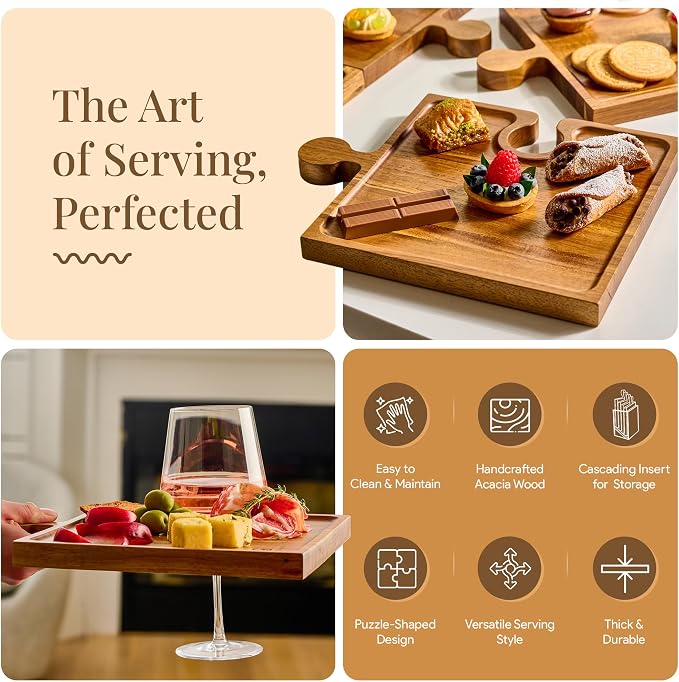 Homesphere Wooden Charcuterie Boards, Appetizer Tray for Parties & Cutting Board with Handle, Set of 4, Acacia Wood Board, Wine Gifts, Wine Accessories, Interlocking Puzzle Serving Tray w/Storage Box