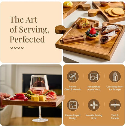 Homesphere Wooden Charcuterie Boards, Appetizer Tray for Parties & Cutting Board with Handle, Set of 4, Acacia Wood Board, Wine Gifts, Wine Accessories, Interlocking Puzzle Serving Tray w/Storage Box