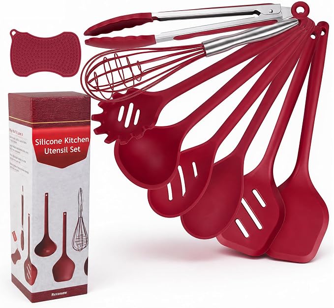 Kitchen Utensils Set,9 PCS Silicone Cooking Utensils Set Spatula Set,Non Toxic Cooking Utensils,Tongs,Spoon,Whisk,Brush,BPA Free Kitchen Gadgets for Non-Stick Cookware,Home Essential(Red-9P)