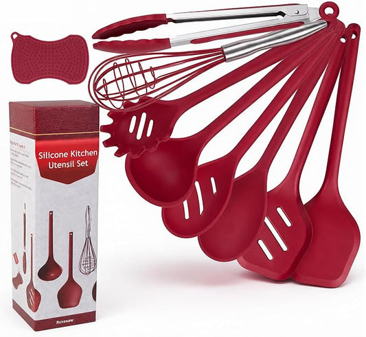 Kitchen Utensils Set,9 PCS Silicone Cooking Utensils Set Spatula Set,Non Toxic Cooking Utensils,Tongs,Spoon,Whisk,Brush,BPA Free Kitchen Gadgets for Non-Stick Cookware,Home Essential(Red-9P)