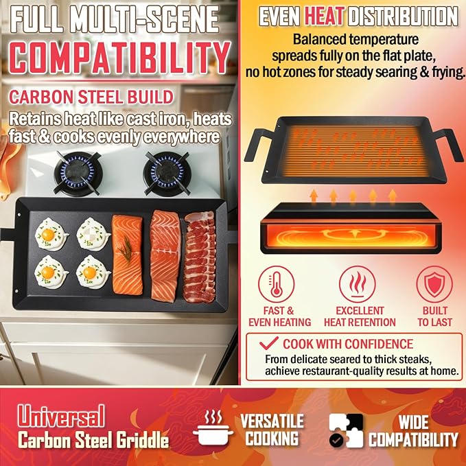 Universal Carbon Steel Griddle for Gas Grill, Griddle Pan for Stove Top, Versatile Stovetop Oven, Induction Cooktop, Flat Top Plate for Charbroil Etc. All Gas & Charcoal Grill 24" x 10"