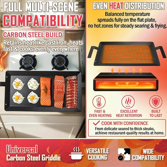 Universal Carbon Steel Griddle for Gas Grill, Griddle Pan for Stove Top, Versatile Stovetop Oven, Induction Cooktop, Flat Top Plate for Charbroil Etc. All Gas & Charcoal Grill 24" x 10"