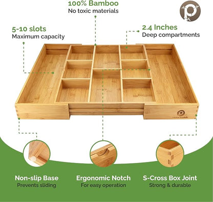Pristine Bamboo Expandable Drawer Organizers for Kitchen - Extra Deep Non-Slip 17” x 14.6” (expands up to 25 inches) - Dark Wooden Silverware Divider (10 Compartments) – Organize Cooking Utensils