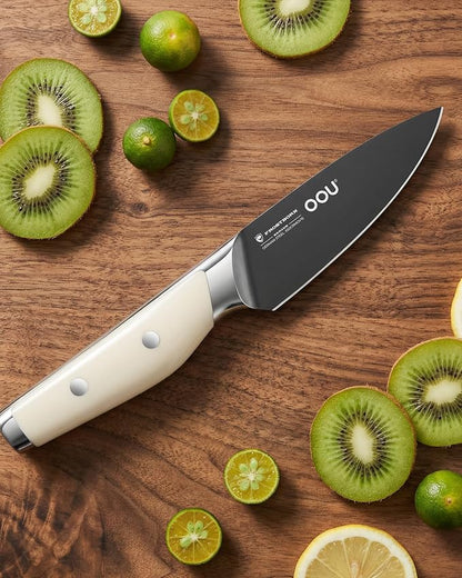 OOU 3.5'' Paring Knife, German 1.4116 Stainless Steel Kitchen Knife, Gunmetal Blade with AgShield & TinSharp Finish, Balanced ABS Handle, Sharp Utility Knife for Peeling, Trimming, Fruits
