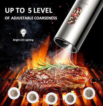 Zadelar Rechargeable Electric Salt and Pepper Grinder Set with USB-C Charging Base, Stainless Steel Automatic Salt and Pepper Shakers, Adjustable Coarseness, LED Light, Large Capacity, Kitchen Gift