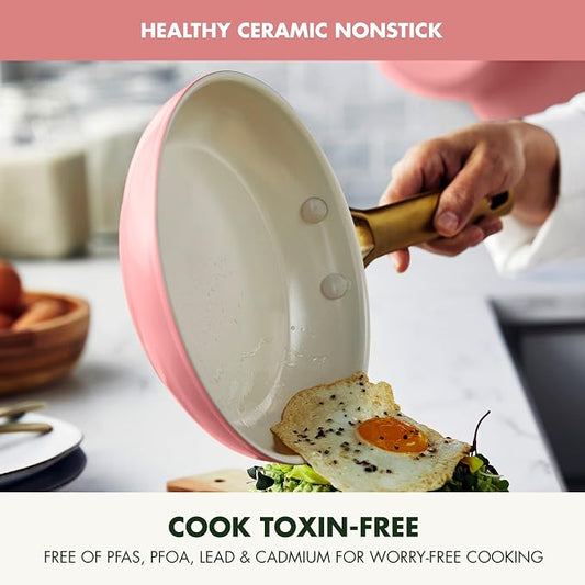 GreenPan 8" 10" & 12" 3 Piece Frying Pan Skillet Set, Healthy Ceramic Nonstick PFAS-Free Cookware, Hard Anodized Aluminum, Gold-Tone Stainless Steel Handles, Dishwasher and Oven Safe, Coral