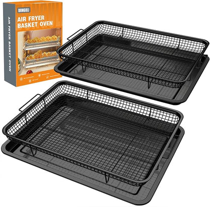 DONGULI Air Fryer Basket Oven - 2 Set Large Air Fryer Basket and Tray Stainless Steel Oven Air Fryer Rack Pan Accessories for Baking (L-2 Pack-Black-15.7"x11.8")