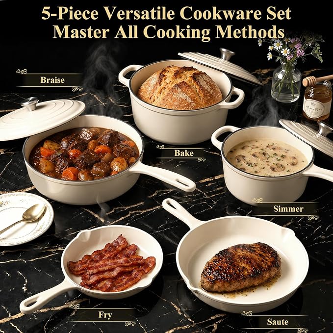 QuliMetal Nonstick Enameled Cast Iron Cookware Set, 5-Piece Pots and Pans Set with Lids, Skillet, Frying Pan, Saucepan & Dutch Oven for All Stovetops, PFOA Free, Ideal for Sourdough Bread Baking
