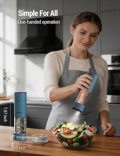 ThermoMaven Electric Salt and Pepper Grinder Set, 110ml Larger Rechargeable Automatic Salt and Pepper Mill Grinder with 6 Adjustable Coarseness, Electric Salt and Pepper Shakers, LED, Navy Blue