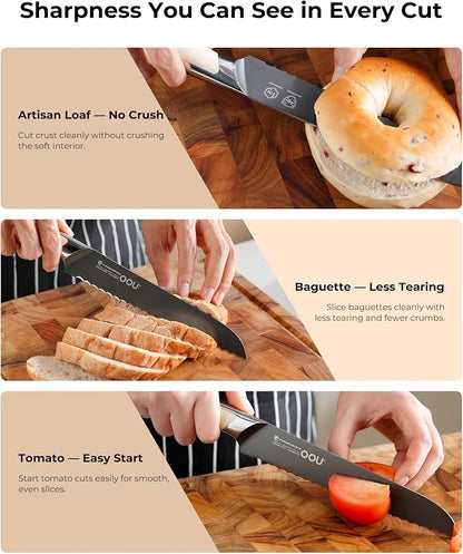 OOU 8 Inch Bread Knife, German 1.4116 Stainless Steel Kitchen Knife, Gunmetal Blade with AgShield & TinSharp Finish, Balanced ABS Handle, Serrated Bread Knife for Clean, Controlled Slicing