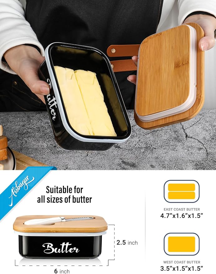 Butter Dish with Lid for Countertop, AISBUGUR Metal Butter Keeper with Stainless Steel Multipurpose Butter Knife, Butter Container with Double High-quality Silicone Good Kitchen Gift Set of 2 Black