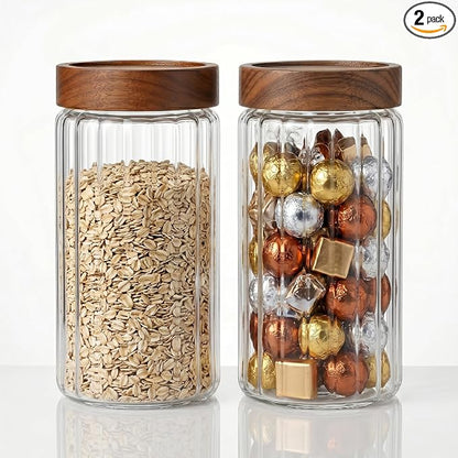 2-pack 40oz Borosilicate Glass Food Storage Jars with Airtight Screw Top Wooden Lids, Leak-Proof Decorative Kitchen & Pantry Canister for Coffee Sugar Cookie Oats Nuts Snacks Fermentation