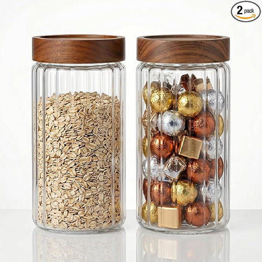 2-pack 40oz Borosilicate Glass Food Storage Jars with Airtight Screw Top Wooden Lids, Leak-Proof Decorative Kitchen & Pantry Canister for Coffee Sugar Cookie Oats Nuts Snacks Fermentation
