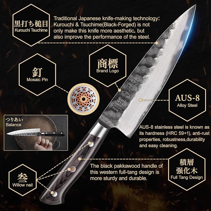 kanngou 8 Inch Chef Knife, Japanese Chefs Knife Black Forged Kitchen Knife with AUS-8 Alloy Steel and Full Tang Pakkawood Handle, Christmas Gift with Premium Box