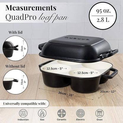 QuadPro Enamelled Cast Iron Bread Loaf Pot – Dutch Oven for Sourdough Bread Baking – 500°F Oven Safe Non Stick Bread Pot – 4 Round Loaf Spaces (4.90-inch Diameter), Black – by Nuovva