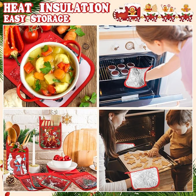 Roshtia 12 Pcs Christmas Pot Holders with Pocket Retro Xmas Farmhouse Pot Holders for Kitchen Winter Hot Pads Oven Mitts Cookie Bag Cute Heat Resistant Oven Gloves for Kitchen Gift Baking Cooking