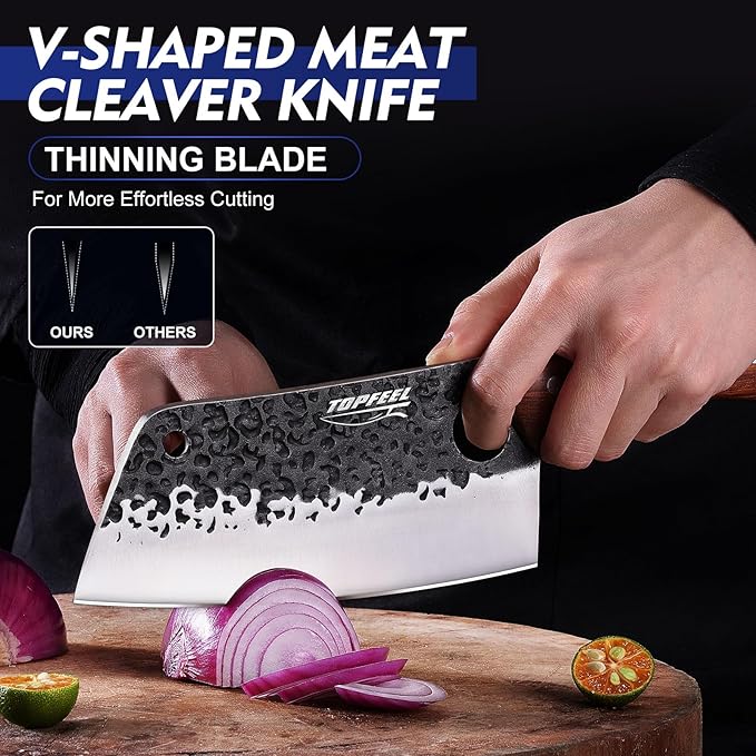 Topfeel 4PCS Meat Cleaver Set -Heavy Duty Bone Chopper & Meat Cleaver & Viking Knife & Slicing Knife, Chef Knives Set for Home Kitchen,Camping, BBQ Knives Gift for Men