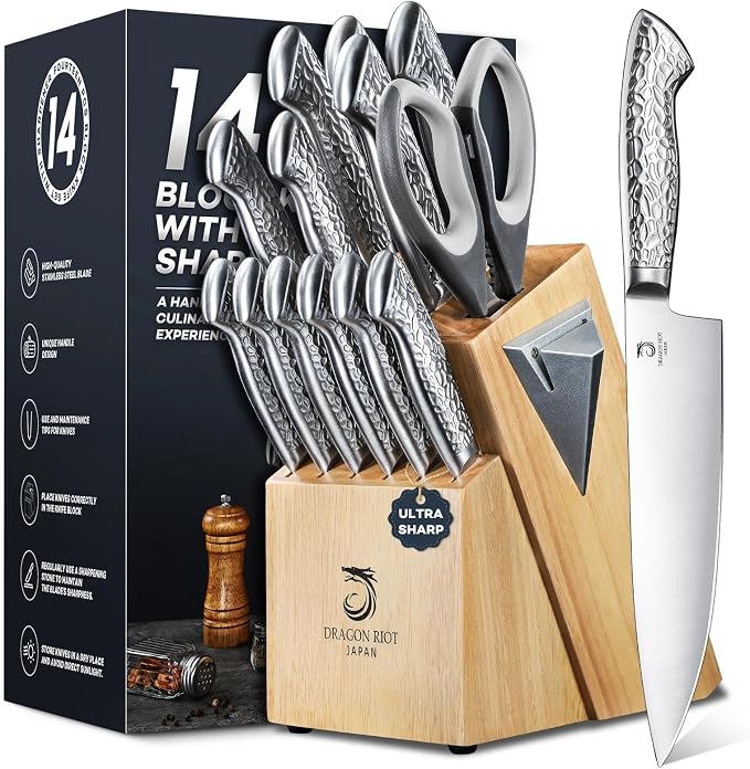 14 PCS Knife Set with Wood Block - Stainless Steel Kitchen Knife Block Set with Built in Sharpener, Dishwasher Safe, Rust Resistant, Non-Slip Ergonomic Handle - Gift for Men Women and Housewarming