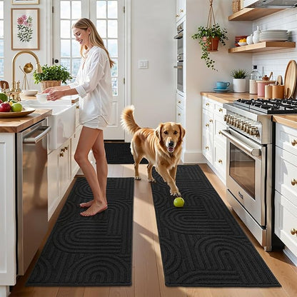 U'Artlines Kitchen Rugs and Mats Set of 3, Non Skid Washable Black Geometric Kitchen Mats for Floor, Absorbent and Stain Resistant Floor Mat for Laundry, Sink Decor 20x32+20x48+20x59