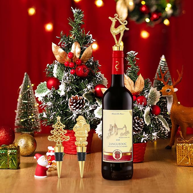 12Pcs Christmas Wine Bottle Stoppers Set Xmas Tree Santa Claus Deer Wine Bottle Corkers Christmas Party Favors with Card and Ropes, for Winter Decor Holiday Supplies Wine Accessories Gift for Hostess