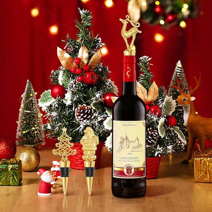 12Pcs Christmas Wine Bottle Stoppers Set Xmas Tree Santa Claus Deer Wine Bottle Corkers Christmas Party Favors with Card and Ropes, for Winter Decor Holiday Supplies Wine Accessories Gift for Hostess