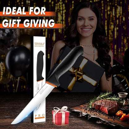 TIVOLI 6 Inch Straight Boning Knife - Breaking Butcher Knife with Ergonomic Non-Slip Softgrip & German Stainless Steel Razor Sharp Blade For Meat or Fish Deboning Filleting - Gift for Men