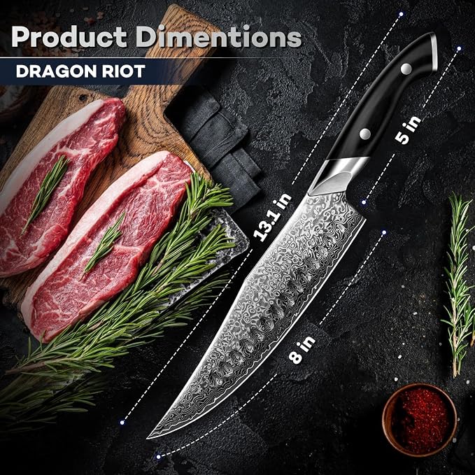 DRAGON RIOT Japanese Chef Knife, Damascus Kitchen Knife with VG10 Steel Core, Ultra Sharp Handmade Cooking Knives with Ergonomic Handle, Premium Gift Box for Mon and Dad