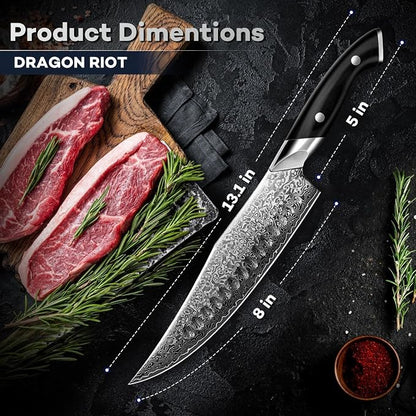 DRAGON RIOT Japanese Chef Knife, Damascus Kitchen Knife with VG10 Steel Core, Ultra Sharp Handmade Cooking Knives with Ergonomic Handle, Premium Gift Box for Mon and Dad