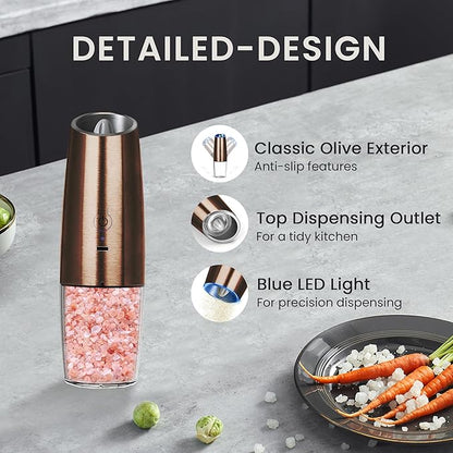 Rechargeable Salt And Pepper Grinder Set with LED Light, Automatic Electric Gravity Salt And Pepper Shakers Set, No Battery Needed, Adjustable Roughness, 2 Pack (Copper)