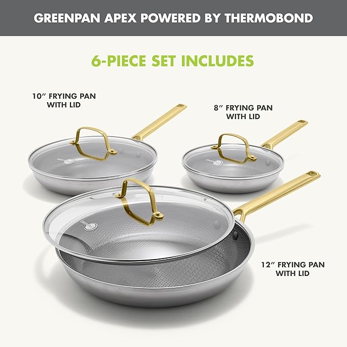 GreenPan Hybrid 6-Piece Frying Pan Set (8, 10, 12-inch Skillets with Glass Lids), Ceramic Nonstick with Tri-Ply Stainless Steel, Induction & All Cooktop Compatible, Dishwasher & Oven Safe, Gold