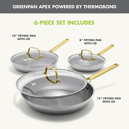 GreenPan Hybrid 6-Piece Frying Pan Set (8, 10, 12-inch Skillets with Glass Lids), Ceramic Nonstick with Tri-Ply Stainless Steel, Induction & All Cooktop Compatible, Dishwasher & Oven Safe, Gold