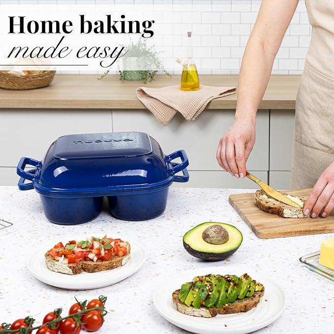 QuadPro Enamelled Cast Iron Bread Loaf Pot – Dutch Oven for Sourdough Bread Baking – 500°F Oven Safe Non Stick Bread Pot – 4 Round Loaf Spaces (4.90-inch Diameter), Dark Blue – by Nuovva