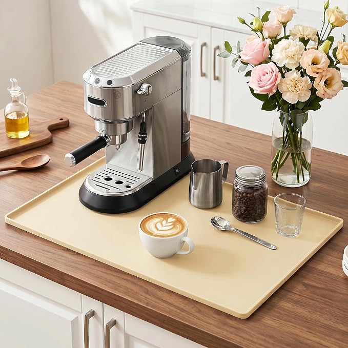 Golener Silicone Coffee Mat - 24" x 16" Coffee Bar Mat for Countertop with Raised Edges, Kitchen Station Pad, Accessories Fit Under Coffee Machine, Waterproof Dish Drying Mat, Heat Resistant, Beige