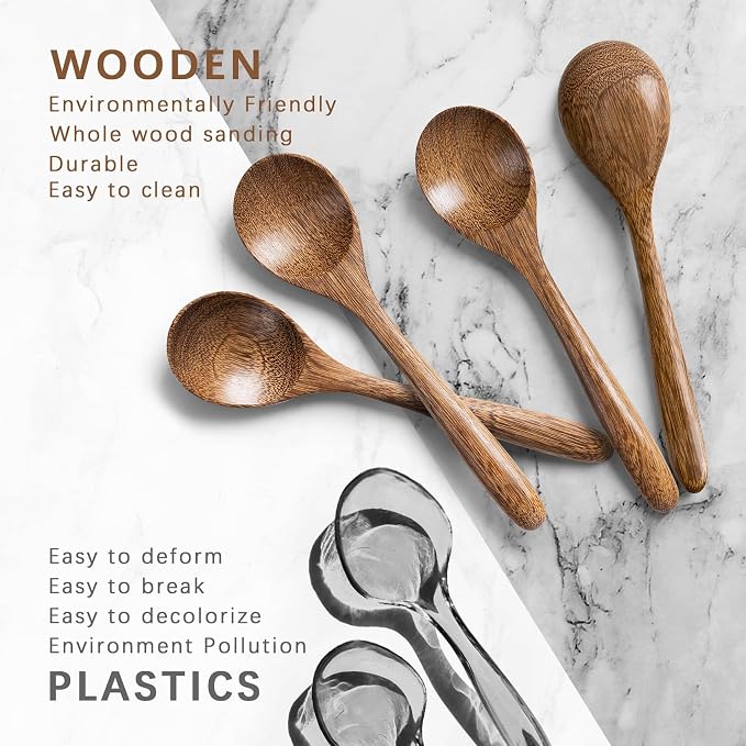 4 PCS Wooden Spoons for Honey, 6.7 inch Small Wooden Spoons - Terrific for Tea, Coffee & Soup, Little Padauk Wood Serving Table Spoon Set, Bulk Bamboo Teaspoon for Eating with Unique Design