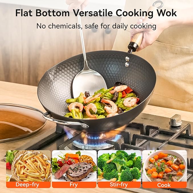 WANGYUANJI Carbon Steel Wok Pan, 12.6 Inch Flat Bottom Stir Fry Pan with Lid, Uncoated Heavy Duty Iron Wok for Induction and Gas Stoves