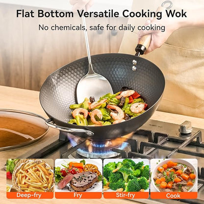 WANGYUANJI Carbon Steel Wok Pan, 12.6 Inch Flat Bottom Stir Fry Pan with Lid, Uncoated Heavy Duty Iron Wok for Induction and Gas Stoves
