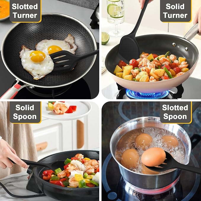 P&P CHEF Kitchen Utensil Set, 4 Pieces Non-stick Silicone Cooking Utensils, Heat-resistant Slotted Solid Spoon Turner for Frying, Mixing, Serving, Non-toxic & Easy to Clean, Black