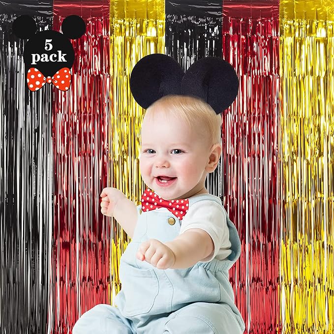 LOLStar Cartoon Mouse Birthday Party Supplies,5 Packs of 3.3x6.6 ft Black Red Gold Tinsel Foil Fringe Curtains, Cartoon Photo Booth Prop Streamer Backdrop, Birthday Party Decorations for Toddlers Kids