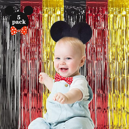 LOLStar Cartoon Mouse Birthday Party Supplies,5 Packs of 3.3x6.6 ft Black Red Gold Tinsel Foil Fringe Curtains, Cartoon Photo Booth Prop Streamer Backdrop, Birthday Party Decorations for Toddlers Kids