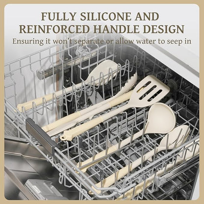 Kikcoin 43Pcs Large Kitchen Utensils Set - Silicone Cooking Utensils Set, Dishwasher Safe Spatula Set for Non-stick Cookware, 446°F Heat Resistant Kitchen Utensils Set with Holder BPA Free, Cream