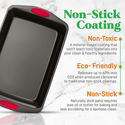NutriChef 2-Piece Nonstick Baking Pan Set – Carbon Steel Cookie Sheet w/Red Silicone Grip Handles – Durable, Heavy-Duty Bakeware for Even Heat Distribution – Oven Safe, Easy Cleanup – Black