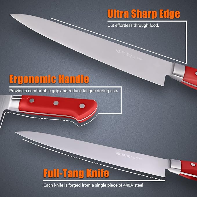 Japanese Chef Knife 9.5 inches,Professional Japanese Gyuto Knife with High Carbon Stainless Steel Blade with Red Ergonomic Handle for Household or Work