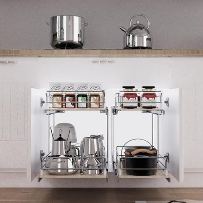 2 Tier Pull Out Cabinet Organizer 11" W X 22" D, Slide Out Drawers For Kitchen Cabinets, Pull Out Drawers For Cabinets Capacity Heavy Duty Caddy, Cabinet Pullout Shelves Wood Chrome, Pantry Storage