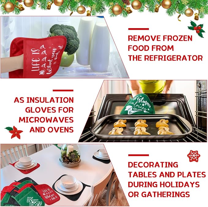 Layhit 12 Pieces Christmas Pot Holders with Pocket Heat Resistant Oven Mitts Hot Pads Farmhouse Cookie Bag for Kitchen Baking Cooking Appreciation Gift(Red and Green)