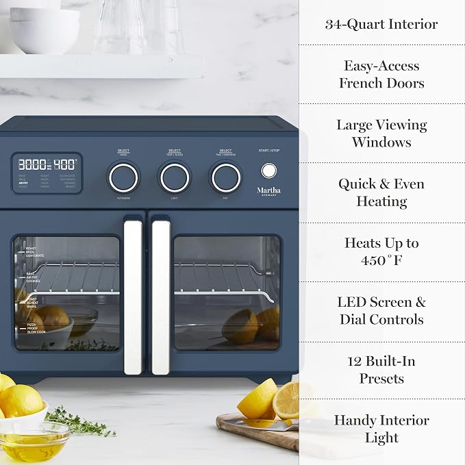 Martha Stewart French Door Air Fryer Toaster Oven Combo, 34QT Countertop Convection, 12-in-1, Bake, Broil, Roast, Fits 12” Pizza, Dehydrate, 5 Accessories, Air Fry Basket, Stainless Steel, Indigo Blue