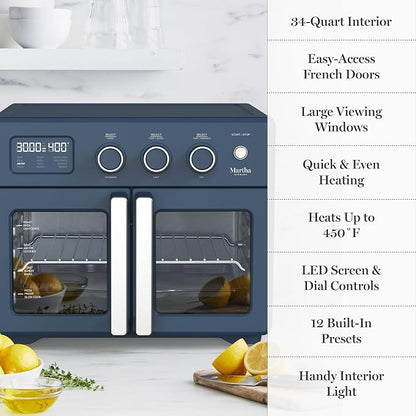 Martha Stewart French Door Air Fryer Toaster Oven Combo, 34QT Countertop Convection, 12-in-1, Bake, Broil, Roast, Fits 12” Pizza, Dehydrate, 5 Accessories, Air Fry Basket, Stainless Steel, Indigo Blue
