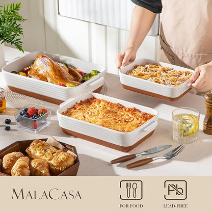 MALACASA Casserole Dishes for Oven, Ceramic Baking Dishes Set of 3, Baking Pan Casserole Dish Set, Rectangular Lasagna Pan Deep with Handles for Baking, Khaki White (14.5''/13''/10.5''), Series TARA